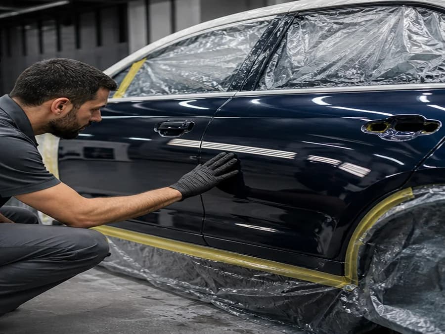 Imagem ilustrativa de pintura automotiva em oficina organizada